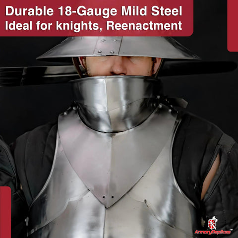 Bevor Armor In 16 Gauge Steel With Polished Finish For Full Face And Neck Protection, Adjustable Leather Strap For A Snug Fit