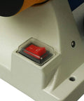 Rugged Little Beast Mini Desktop Bench Lathe Machine With 350W Motor power switch close-up, features red ON/OFF button.