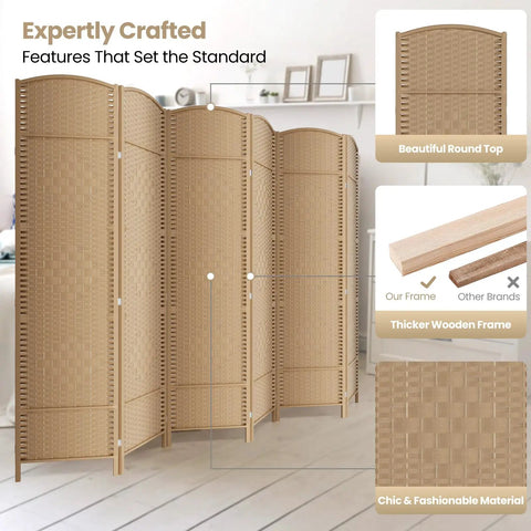 Six Panel Room Divider 6 Ft Folding Privacy Screen Tall And Extra Wide Foldable Panel Partition Wall With Diamond Double Weaved Hand Woven Design