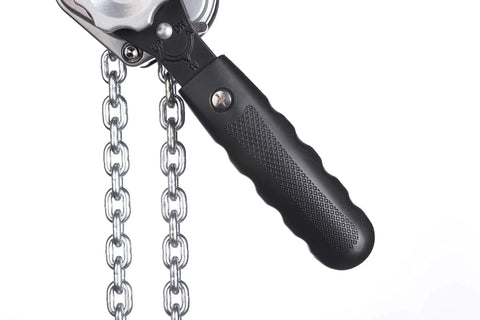 Compact Half Ton Chain Lever Hoist Come Along With 1100 Lbs Capacity showing handle and chains close-up