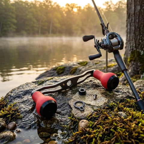 Upgrade Your Gear With This Carbon Fiber Fishing Reel Handle Crank Featuring Double Ergonomic Curved TPE Knobs For Superior Non Slip Grip On Any Baitcasting Setup Perfect For Pond Fishing Adventures. Carbon fiber baitcaster reel handle with red TPE knobs on a lakeside rod