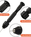 Pin Vise Hand Drill Tools Set Black Finish with 20 Mini Twist Drill Bits High Speed Steel and 2 Tweezers Dope for Jewelry Making Electronics Model Work and Precise Hobby Drilling, black 3-jaw chuck close-up