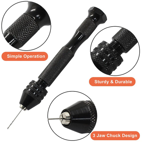 Pin Vise Hand Drill Tools Set Black Finish with 20 Mini Twist Drill Bits High Speed Steel and 2 Tweezers Dope for Jewelry Making Electronics Model Work and Precise Hobby Drilling, black 3-jaw chuck close-up