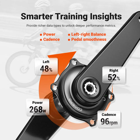 Dual Sided S10 Power Meter Spider For Easton 110 BCD 4 Bolt Crankset, showing power, cadence, and pedal balance data.