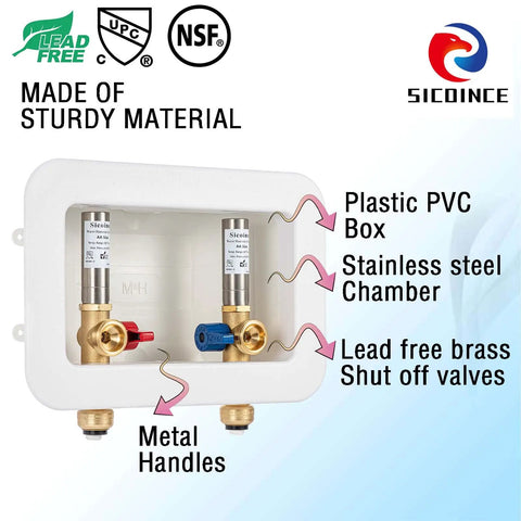 Washing Machine Outlet Box With Water Hammer Arrestor And 1/4 Turn Ball Valves, Easy Install, Reduces Hammering, Banging Noise