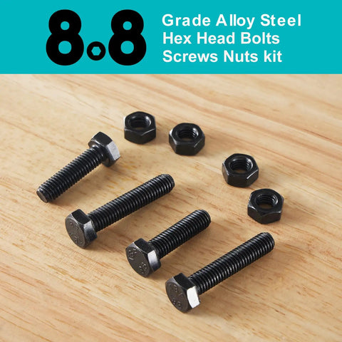 M6 Hex Head Bolts And Nuts Assortment Kit, Pro Grade 8.8 Alloy Steel Screws With Tough Black Oxide Coat, three bolts and nuts displayed