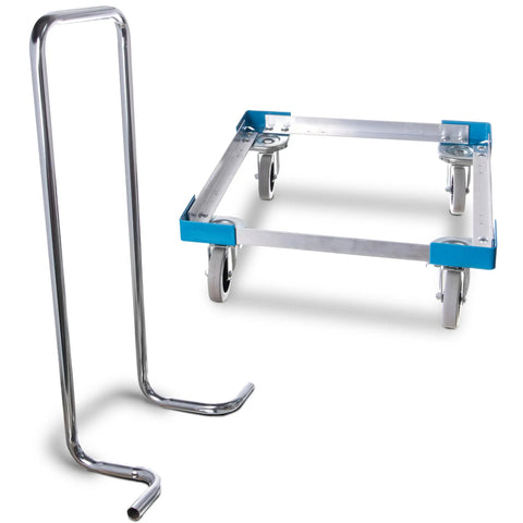 Aluminum Dishwashing Racks Dolly With Handle For Kitchens And Restaurants, 20.63 By 20.63 Inch Base, 36.5 Inch Tall, Holds 19.75 Inch Square Glass Racks, Blue, Four Inch Non Marking Casters, 300 Pound Capacity, BPA Free And Easy To Clean