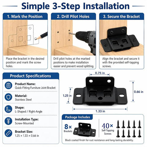 L Shape Furniture Joint Braces Kit White 8 Piece Set No Fuss With Screws Heavy Duty Metal Corner Brackets Installation Steps