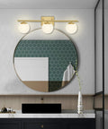 Brushed Brass 24 Inch Three Light Vanity Light With Modern Globe Glass Shades Damp Rated Wall Sconce For Over Mirror IP44 Bathroom