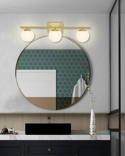 Brushed Brass 24 Inch Three Light Vanity Light With Modern Globe Glass Shades Damp Rated Wall Sconce For Over Mirror IP44 Bathroom