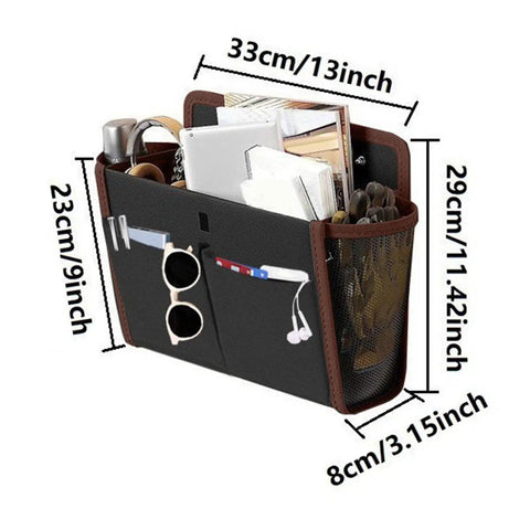 Heavy Duty RV Wall Organizer With Adhesive Pockets, Large Capacity Storage Solution showing dimensions and various items inside.