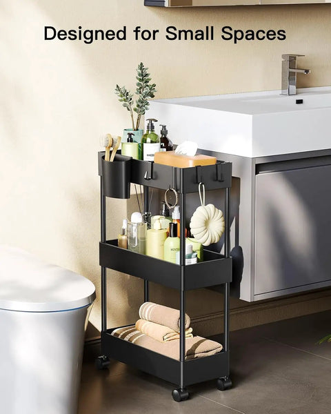 Slim 3 Tier Rolling Storage Cart On Wheels For Narrow Spaces Ideal For Bathroom Kitchen Laundry Room Black Space Saver Organizer With Easy Glide Wheels