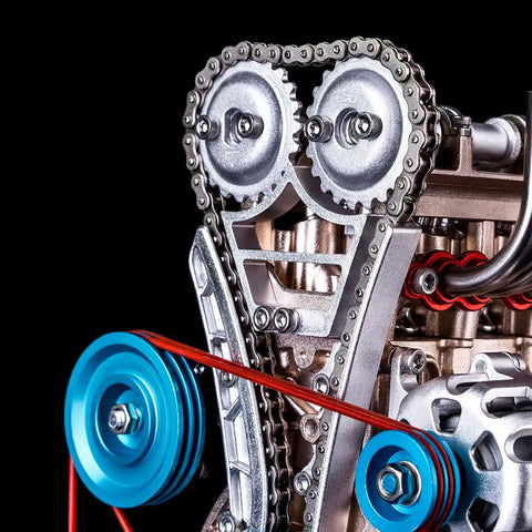 Metal 4-Cylinder Engine Model Kit For Adults And Teens, 325+ Precision Parts, DIY Mechanical Build With Realistic Movement, 4+ Hours Assembly, STEM Project For Car Junkies And Hobbyists, close-up of chain and pulleys