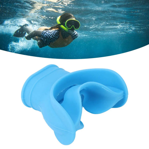 Blue silicone Comfort Bite Dive Regulator Mouthpiece With Tongue Rest Design for snorkel replacement, shown with diver underwater.