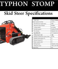 Mini Skid Steer Loader 1800 Lb Capacity, 23HP Gas EPA Engine shown with specifications chart.