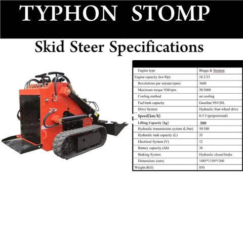 Mini Skid Steer Loader 1800 Lb Capacity, 23HP Gas EPA Engine shown with specifications chart.