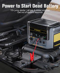 FlashSpeed 1000 Portable Solar Generator 828Wh LiFePO4 With Jumper Cables shown in car engine for battery start