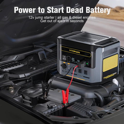FlashSpeed 1000 Portable Solar Generator 828Wh LiFePO4 With Jumper Cables shown in car engine for battery start