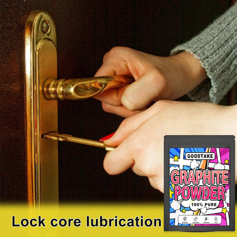 2000 Mesh Graphite Powder Dry Lubricant For Locks, Bike Chains And Machinery, shown being used on a door lock