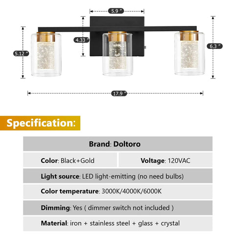 Image of Dope Gold And Black 3 Light Vanity Light With Crystal Bubble Glass Dimmable LED Color Temperature Adjustable 3000K 4000K 6500K