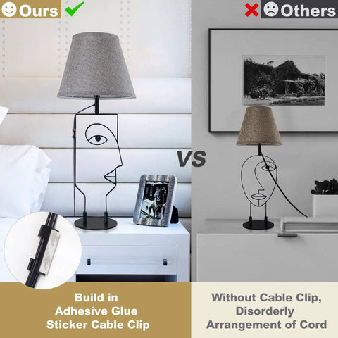 Two Pack Black Table Lamps With Gray Fabric Shades For Bedroom And Living Room, Farmhouse Style Mid Century Modern Nightstand Lights, Unique Abstract Face Art Design with cable clip vs without