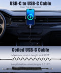 240W USB C To USB C Coiled Braided Car Charger Cable in car stretching from 1.31Ft to 4.92Ft, shown plugged in and coiled layout.