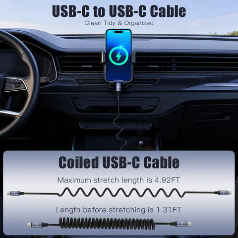 240W USB C To USB C Coiled Braided Car Charger Cable in car stretching from 1.31Ft to 4.92Ft, shown plugged in and coiled layout.