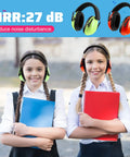 Two girls wearing 12 Pack Kids And Adults Earmuffs For Noise Canceling 27 Decibels Ear Protection, holding notebooks.
