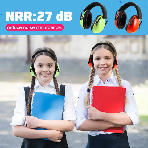 Two girls wearing 12 Pack Kids And Adults Earmuffs For Noise Canceling 27 Decibels Ear Protection, holding notebooks.