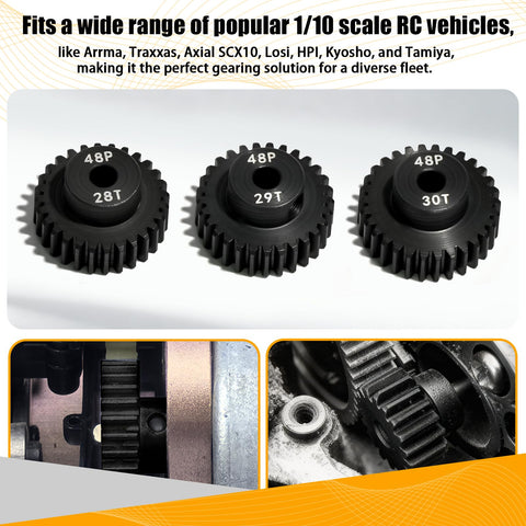 48P Beefed Up Pinion Gear Set 28T 29T 30T Hardened Steel 3.175mm Shaft With Screws And Hex For 1 By 10 RC Cars And Trucks