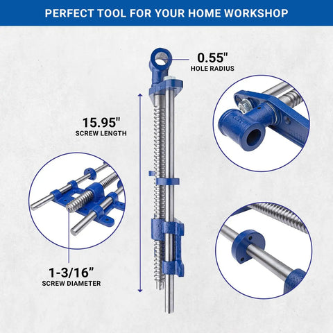 Diagram of front vise for woodworking with size details; 15.95 inch screw length, 1-3/16 inch screw diameter, blue finish.