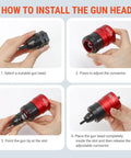 Rivet Nut Drill Adapter Kit For Electric Drills, Upgraded Pro Rivet Gun Set installation steps with hands and gun head.