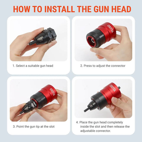 Rivet Nut Drill Adapter Kit For Electric Drills, Upgraded Pro Rivet Gun Set installation steps with hands and gun head.