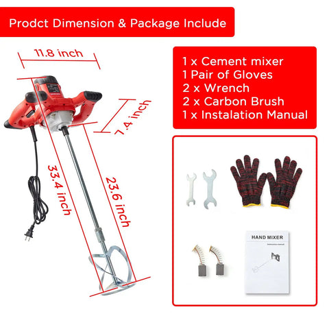 Beefy 2300W Portable Electric Cement Mixer package includes dimensions and accessories shown