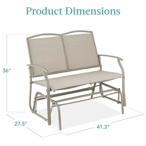 Two Person Outdoor Patio Swing Glider With Smooth Rocking Motion, Textilene Fabric Over Powder Coated Steel Frame, 36x27.5x41.3 inches
