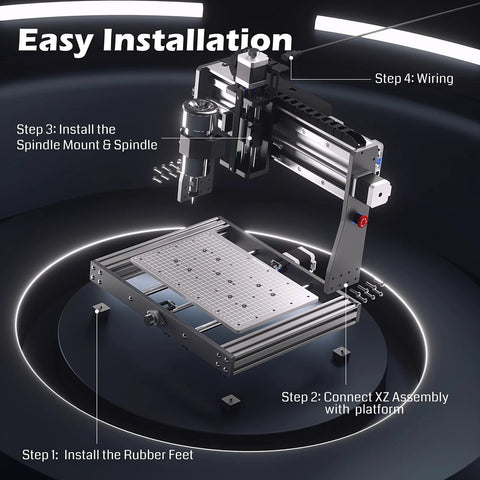 Genmitsu 3020-PRO MAX V2 CNC router front view: 3-axis engraver with spindle, aluminum frame, and work platform.