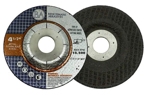 Four And A Half Inch Grinder Cut Off Wheels For Pipeline Cutting Heavy Duty Type One Disc For Metal And Steel Including Stainless Steel With Seven Eighth Inch Arbor Hole Pack Of Twenty Five, front view.