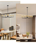 8 Light Black and Gold Modern Farmhouse Chandelier for Dining Room Industrial Candle Hanging Light Fixture in dining and living areas.