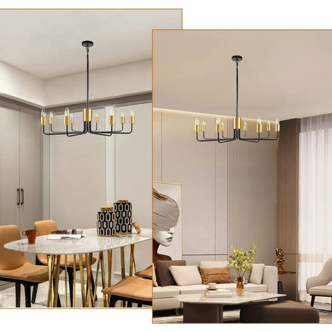 8 Light Black and Gold Modern Farmhouse Chandelier for Dining Room Industrial Candle Hanging Light Fixture in dining and living areas.