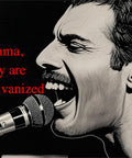 Illustrated portrait of a man singing into a microphone; black-and-white pop-art style.