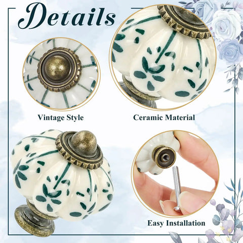 Top Tier Ivory Ceramic Pumpkin Cabinet Knobs Set Of 16 For Kitchen Drawers And Bedroom Furniture With Cute Green Floral Details And Classic Vintage Vibe For Easy Home Makeovers detailed view showing ceramic material and easy installation.