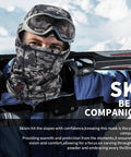 Two Pack Flame Resistant Face Mask Balaclava And Neck Gaiter Featuring Fireproof Layer That Hits Different For Industrial Tasks Motorcycle Rides And Wildfire Prep In Durable Camo Grey worn by skier against snowy background.