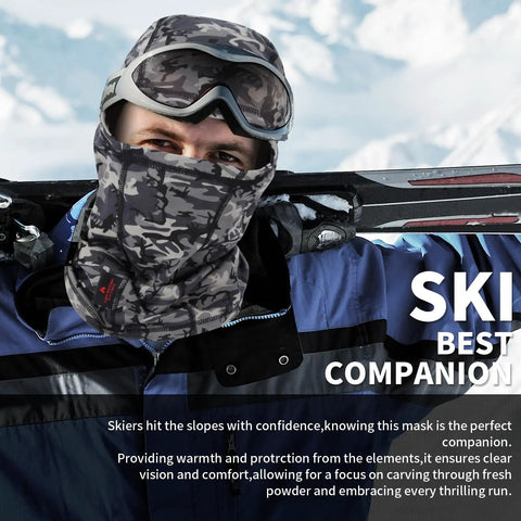 Two Pack Flame Resistant Face Mask Balaclava And Neck Gaiter Featuring Fireproof Layer That Hits Different For Industrial Tasks Motorcycle Rides And Wildfire Prep In Durable Camo Grey worn by skier against snowy background.