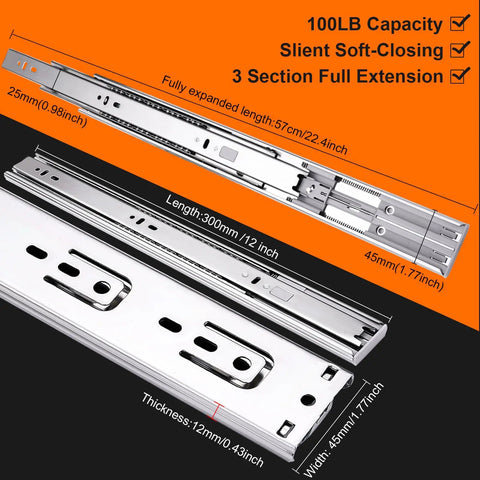 12 Inch Drawer Slides 4 Pairs Soft Close Full Extension Side Mount Cabinet Glides For Dresser Kitchen Cabinets Silver 100 Pound Capacity No Fuss Install Ultra Quiet Smooth Glides, 12-inch side-mount steel slides shown open and closed