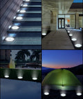 12 Pack Solar Ground Lights For Outdoor Use Waterproof Disk LED Lights illuminating stairs, pathways, and tent surroundings.