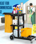 Cleaning Cart On Wheels For Janitorial And Custodial Use Heavy Duty Rolling Supply Organizer with 3 shelves and mop bucket