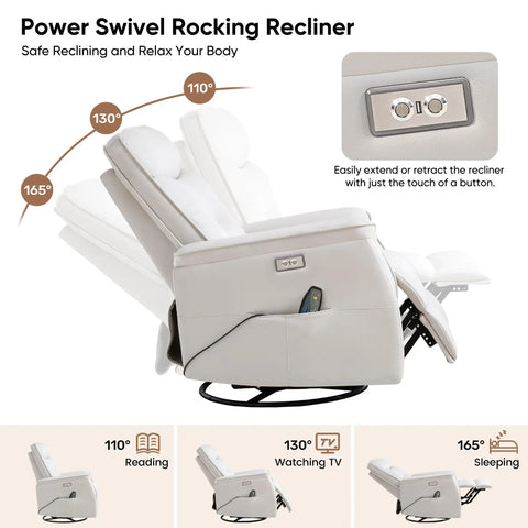 Power Adjustable Faux Leather Recliner Chair For Adults With Massage And Heat, showcasing swivel and reclining angles.