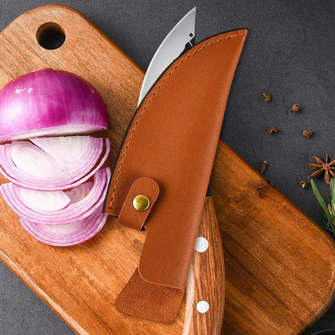 Leather Knife Sheath For Japanese Knives And Chef Knives And Boning Knives Durable Portable Knife Holder Bag with sliced onion