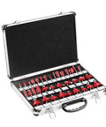 35 Piece 6Mm Shank Router Bits Set With Heavy Duty Metal Storage Box showcasing red tungsten carbide bits in black foam tray.