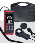 Lux Meter Logger With Split Sensor For iPhone And PC, App Controlled Readings For Plant Growth, Accurate Ambient Light Measurements, Easy Reading Capture And In-Depth Light Data, red handheld meter with probe and case